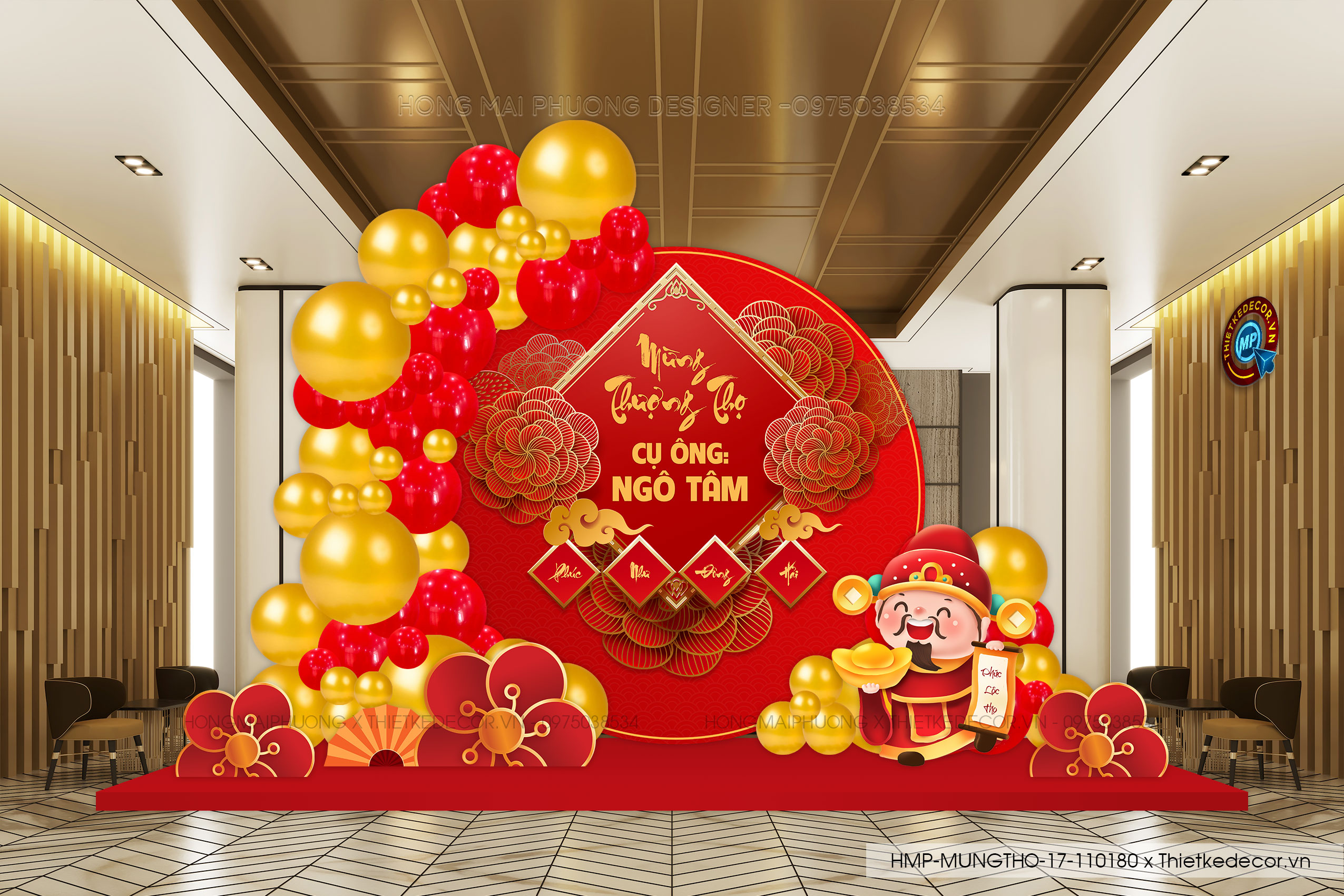 File thiết kế trang trí tiệc mừng thọ tone đỏ sang trọng